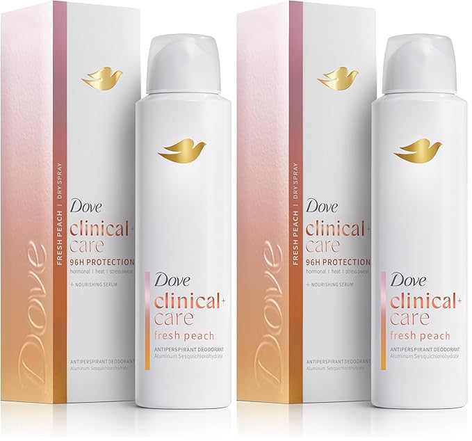 Dove Clinical + Care Antiperspirant Deodorant Dry Spray for Women Fresh Peach with Nourishing Serum 3.8 oz (Pack of 2)
