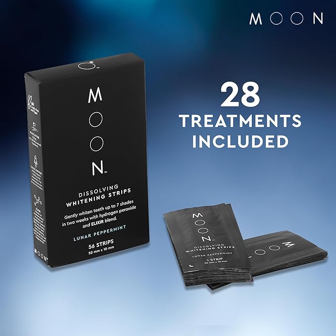 MOON Dissolving Teeth Whitening Strips, 56 No Rinse White Strips, Peppermint, Hydrogen Peroxide & Essential Oils, Whiten Sensitive Teeth up to 7 Shades in 2 Weeks, Travel Essentials, Vegan Oral Care