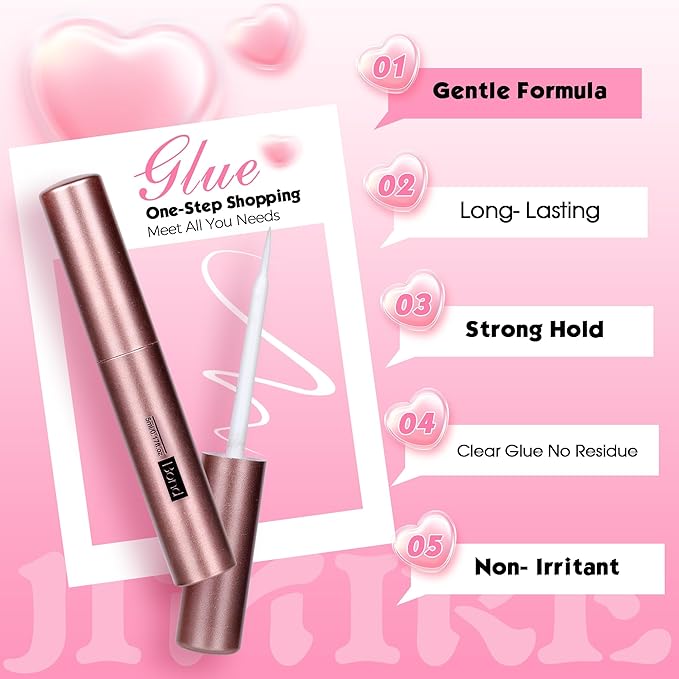 JIMIRE Cat Eye Lashes with Glue Wispy False Eyelashes with Eyelash Glue Kit Russian Strip Lashes D Curl Mink Lashes Fluffy 7 Pairs Pack