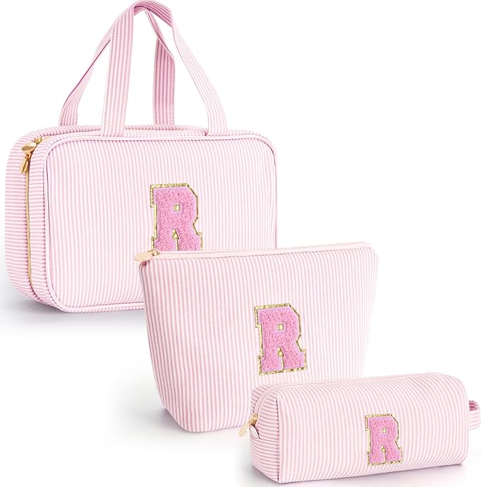 Fystdtote Initial Toiletry Bag Makeup Bag for Girls,Travel Cosmetic Bag with Small Makeup Brush Bag Personalized Wife Friend Gifts Makeup Birthday Gifts for Women Her - Pink R