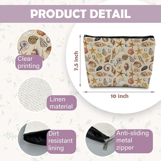 RYYCDOI Costal Beach Makeup Cosmetic Bag for Women - Women's Beach Gifts, Seashell Starfish Beachy Small Makeup Bag Pouch for Purse
