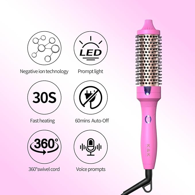 K&K 1.5 Inch Ceramic Tourmaline Ionic Curling Iron (Rose Red, 1.5 Inch) - Thermal Brush Heated Curling Brush, Dual Voltage, Volumizer, NON-DAMAGING 350 DEGREE HEAT