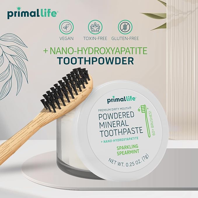 Primal Life Organics Dirty Mouth Toothpowder, Tooth Cleaning Powder, Flavored Essential Oils, Hydroxyapatite, Natural Kaolin, Bentonite Clay, USE: 60+ Brushings, Paleo, Organic, Vegan Spearmint 0.25oz