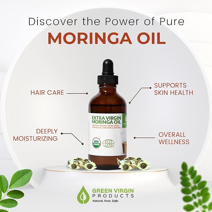 Organic Moringa Oil Bundle – Cold Pressed, Extra Virgin, 100% Pure, Food Grade – 4oz Full Size + 1oz Travel Bottle – Deep Moisturizing, Anti-Aging, Multi-Purpose Skin & Hair Oil