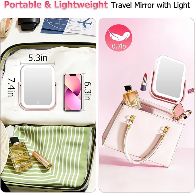 FUNTOUCH 30X/1X Travel Makeup Mirror with Lights, 3000mAh Rechargeable 2-Sided Magnifying Mirror, Portable Vanity Mirror, 3-Color Lighting Dimmable Touch Screen, for Women Gift, Pink
