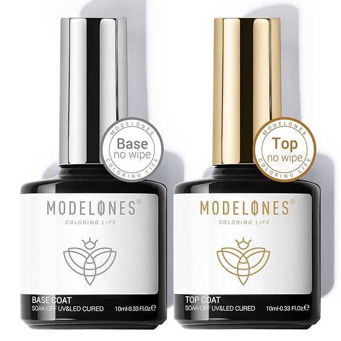 modelones Gel Nail Polish Top Base Coat, 2 PCS Clear High Glossy Long Lasting Soak Off Home Salon DIY Manicure Gift for Women