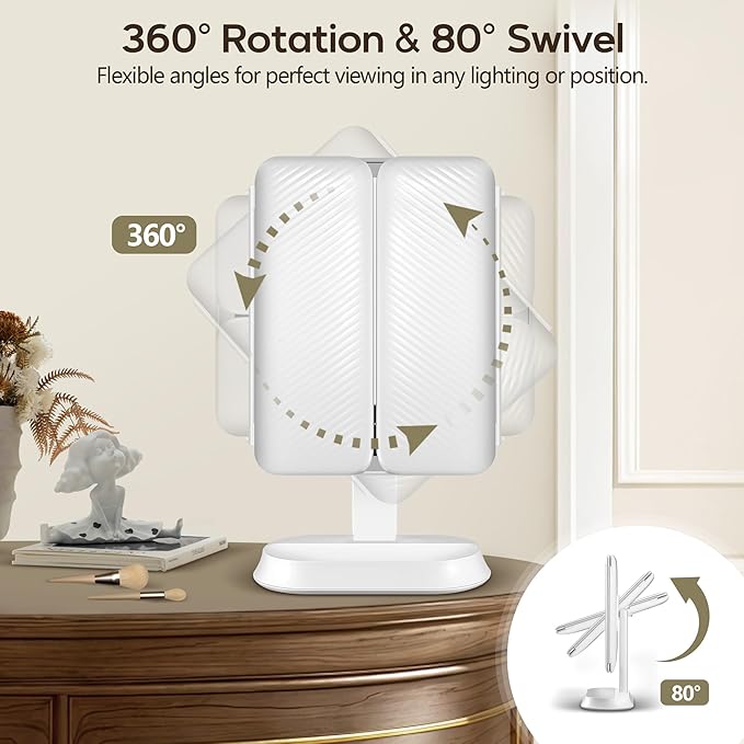 Vanity Mirror with Lights, Lighted Makeup Mirror with 30X/10X/5X Magnification, Rechargeable Trifold Mirror with 3 Color & Adjustable Brightness, Travel Makeup Mirror with Lights for Desk