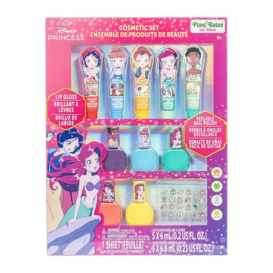 Disney Princess Sparkly Cosmetic Makeup Set for Girls with Lip Gloss Nail Polish Nail Stickers 11 Pcs Perfect for Birthday Gift by Townley Girl