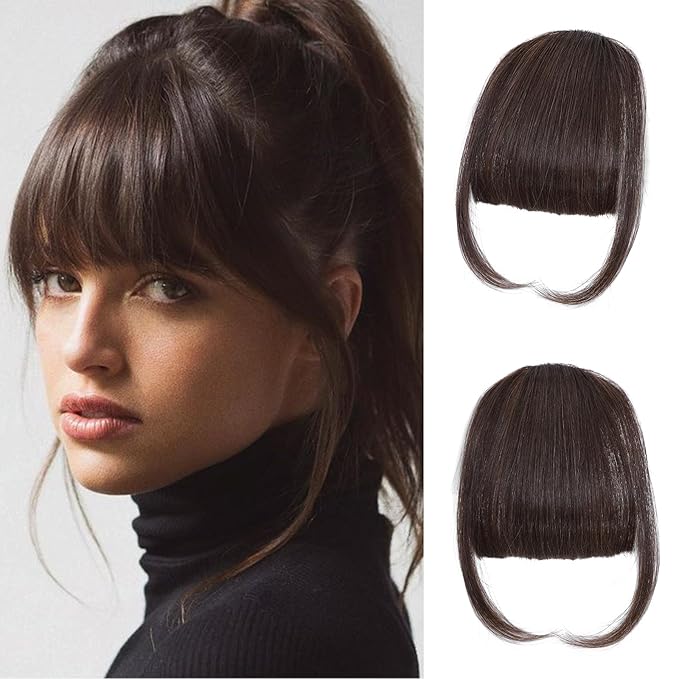 Clip on Wispy Bangs-Real Human Hair Clip in Bangs Hairpieces Brown Black Fake Air Bangs Fringe with Temples Bangs Hair Clip Extensions