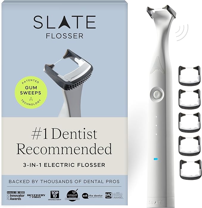 Slate Electric Flosser - Rechargeable | 3-in-1 Dentist-Invented with Reusable Floss Heads, Gum Brushes & Tongue Scraper | More Effective Than String or Water Floss