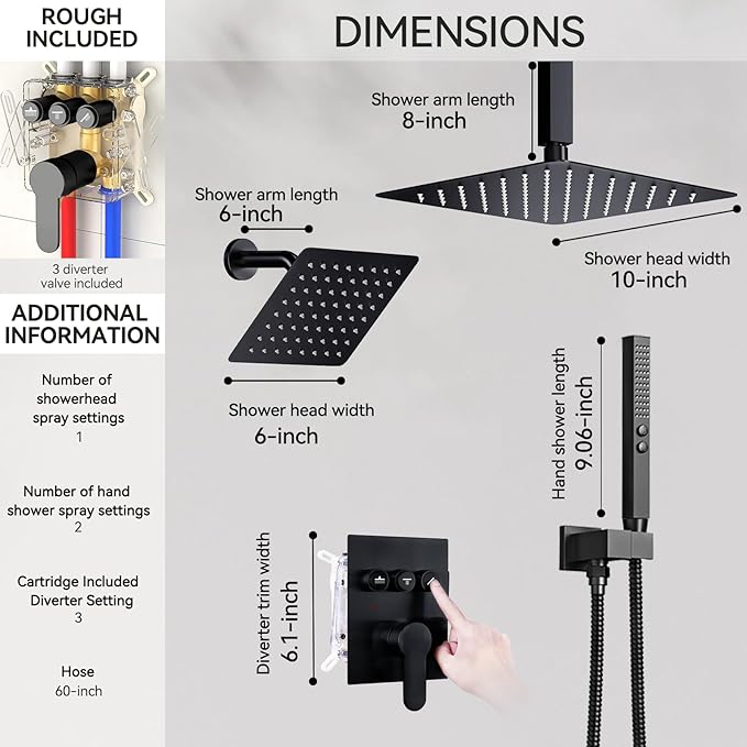Shower Faucet Sets Shower System, 2 Head Shower System Rain Showerhead for Two People, Ceiling Mount Shower Fixtures with On Off Button Valve Body and Trim Kit Complete, 10+6" Matte Black