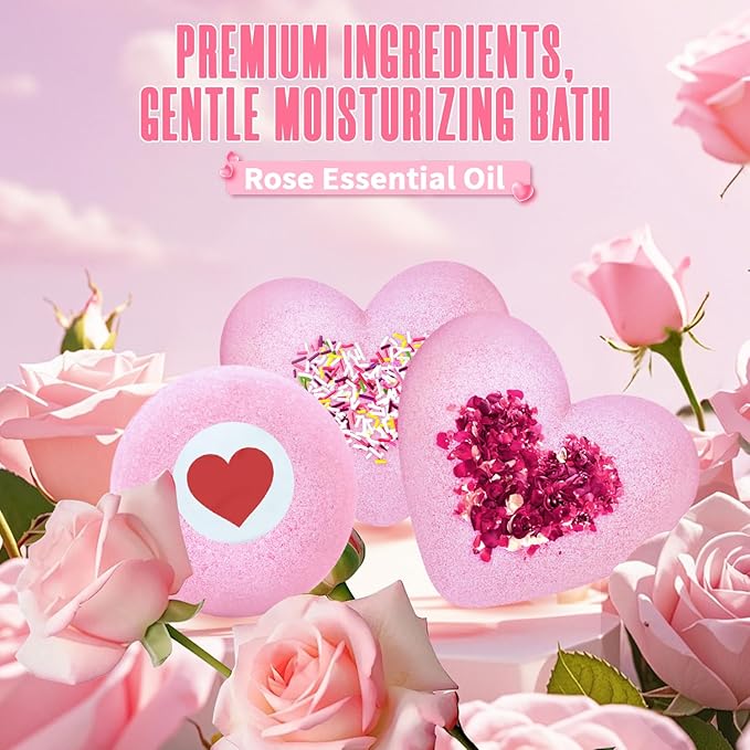 Valentines Bath Bombs for Women, XXL 4-Pack Handmade Natural & Organic Rose Essential Oil, Valentines Day Gifts for Her Him, Valentines Day Basket Birthday Gifts for Wife Daughter Girlfriend Coworkers