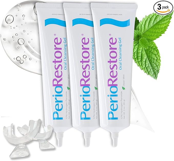 Perio Restore® Gel 3oz 3-Pack – 1.7% Hydrogen Peroxide Teeth Whitening & Oral Care Gel, Mint Flavor, Includes 2 Trays for Easy at-Home Application