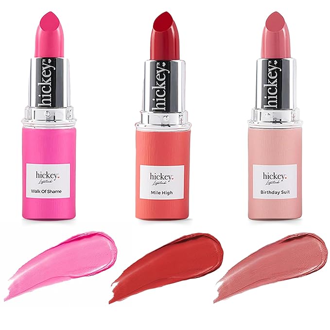 Hickey Lipstick The Essentials Trio - 3 Piece Refill Set, Mile High (Red), Walk of Shame (Hot Pink), Birthday Suit (Nude), Long Lasting Hydrating Velvet Finish Lipstick for Women, Vegan & Gluten-Free