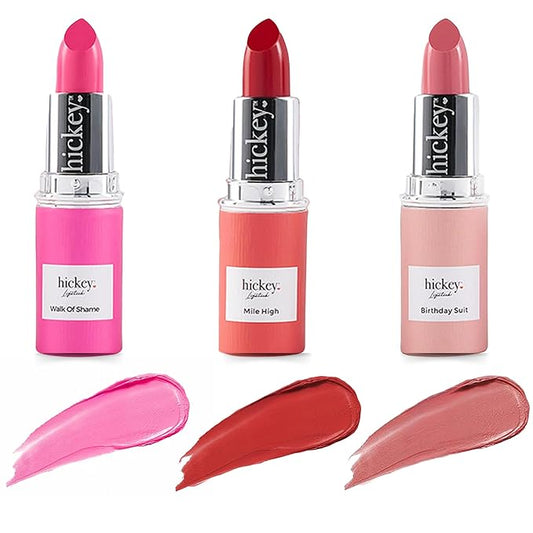 Hickey Lipstick The Essentials Trio - 3 Piece Refill Set, Mile High (Red), Walk of Shame (Hot Pink), Birthday Suit (Nude), Long Lasting Hydrating Velvet Finish Lipstick for Women, Vegan & Gluten-Free