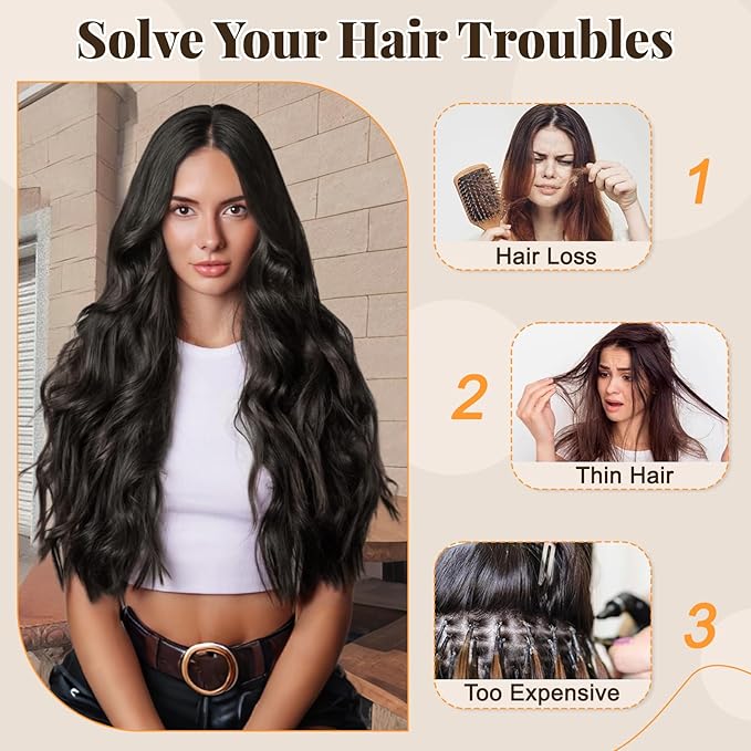 ALXNAN Clip in Long Wavy Synthetic Hair Extension 24 Inch Black Brown 4PCS Thick Hairpieces Fiber Double Weft Hair for Women