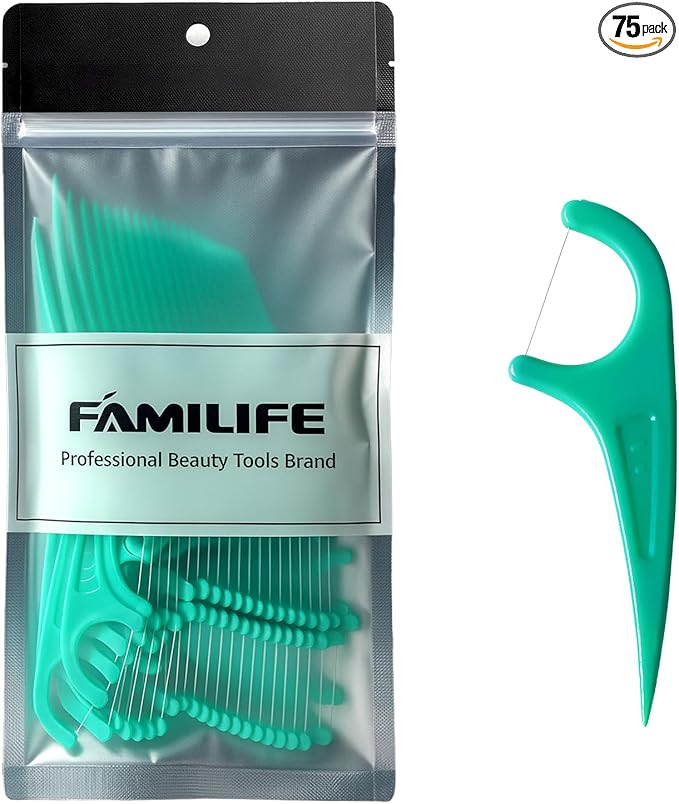 FAMILIFE Floss Picks 75 Count Mint Dental Floss Picks for Adults & Kids, Strong Thread Flossers & Tooth Picks Flossers for Daily Oral Care Travel Floss Bag