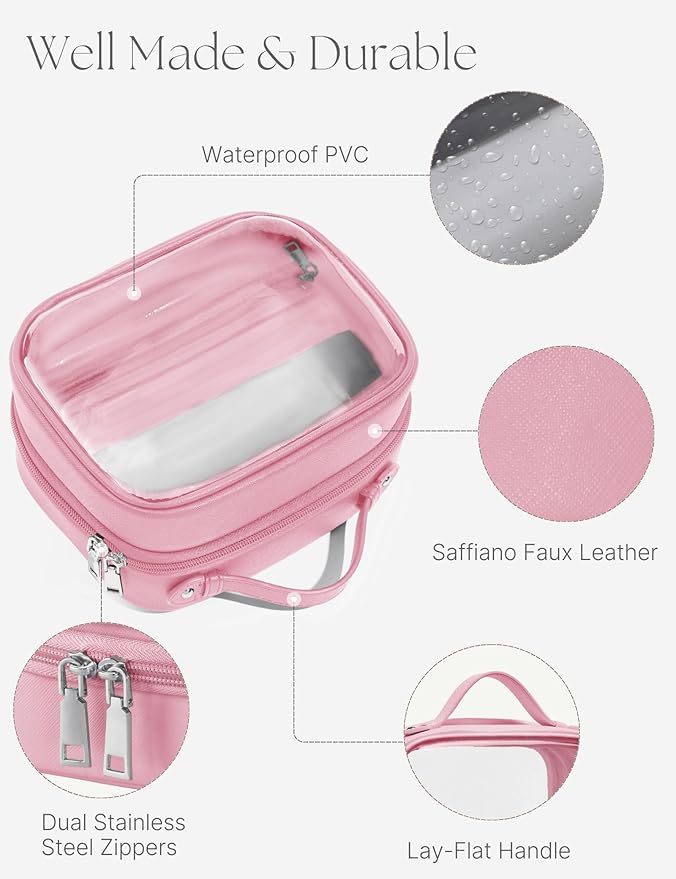 Oaque Clear Cosmetic Bag Double Layer Travel Toiletry Bag Clear Makeup Bag Case with 4 Compartments, Transparent Travel Bag for Toiletries, Large Toiletry Bag for Women Cosmetic Case (Pink, Small)