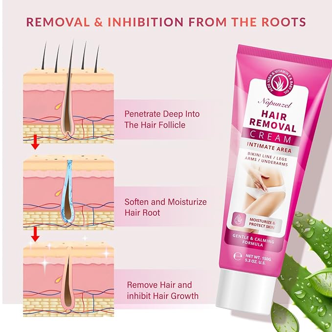 Hair Removal Cream for Women: Depilatory Cream for Intimate Areas and Pubic Area with Aloe Vera and Vitamin E - Hair Removal for Body Legs Arms Underarms Bikini - Fast Painless Soothing - 5.3 oz