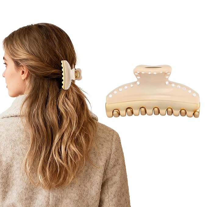Premium Claw Clips for Women, 3 Inch Medium Hair Clips for Thick Thin Hair, Gold Hair Accessories, Strong Hold Non-Slip French Hair Clip for Teen Girls, Valentine's Day Gift for Her, Beige