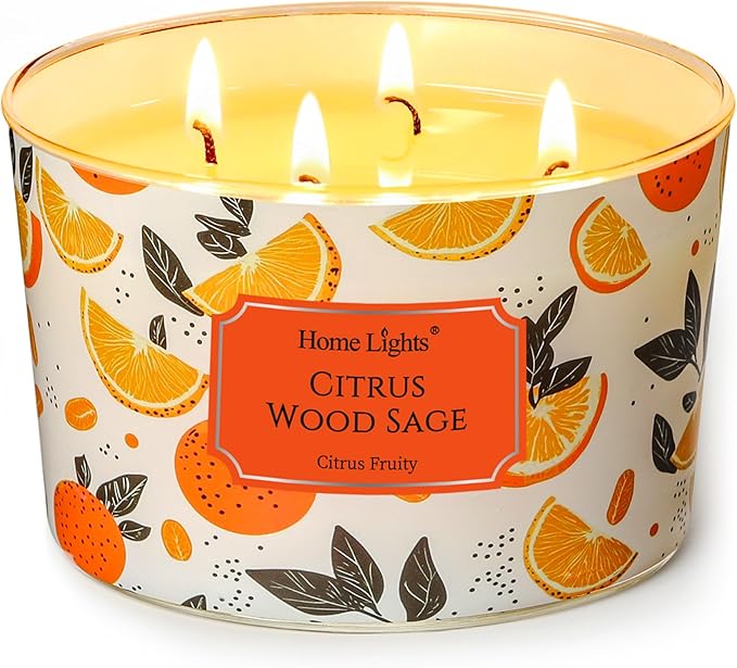 HomeLights Citrus Wood Sage Scented Candles | 18oz Soy Candles Eclectic Mixed Styles 4-Wick Large Candle Jars | Ideal Candle Gifts for Events, Home Decor Stress, Relief & Relaxation