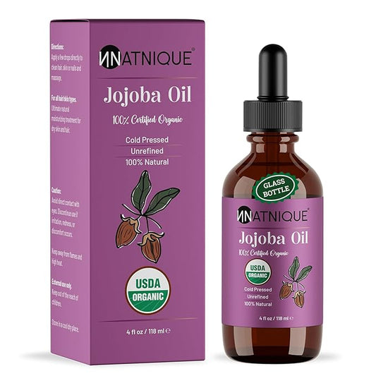 Natnique Organic Jojoba Oil 4 oz – USDA Certified, Cold Pressed, Unrefined & Hexane-Free – Pure Moisturizer for Hair, Face, Skin, Beard, Scalp, Nails & Cuticles – Natural Care (4 Oz)