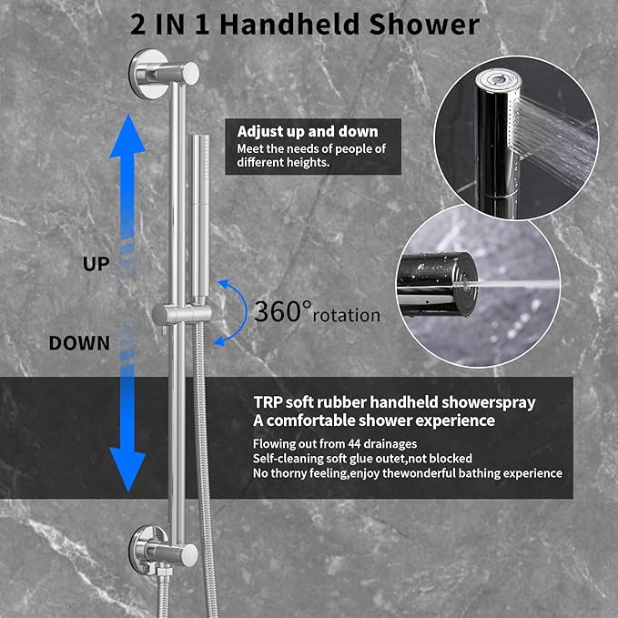 HONGTONGSOWER Chrome Shower Slide Bar System with 12inch Ceiling Rain Shower Head and 8inch Shower Faucet Set In Wall, Temperature Display Shower Faucet System Fixture with 2 in 1 Handheld Shower Wand