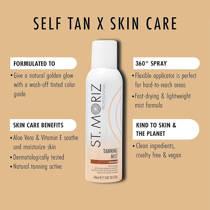 St Moriz Professional Instant Tanning Mist with Aloe Vera, Vitamin E, Fast Drying Vegan Fake Tan, Medium | 150ml
