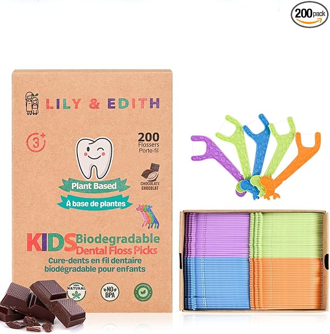 LILY & EDITH Kids Plant Based Dental Floss Picks 200 Counts, Fluoride Free, Corn Starch Material, Chemical Free, Fun Animal Flossing Sticks, Ultra Sturdy Thread, Zero Waste Package (Chocolate)
