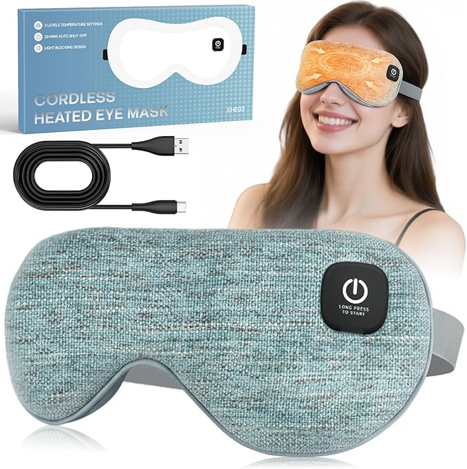 Cordless Heated Eye Mask for Dry Eyes Relief, with 3 Heat Settings, Washable Eye Cover, Warm Heating Pad for Stye Eye Treatment & Travel Use