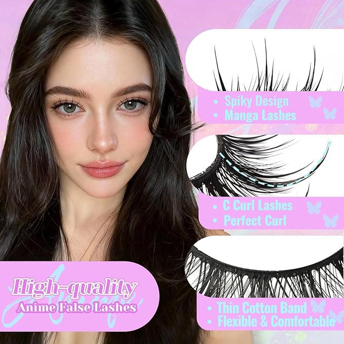 Losha Lashes Spiky Manga Lashes 14 Pairs Wet Look Anime False Eyelashes Wispy Asian Strip Lashes Pack Soft Reusable Fake Eyelashes (Spiky)