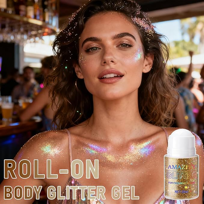 Roll-on Holographic Body Glitter Gel for Body, Hair, Face, Chameleon Color Changing Glitter Gel Under Light, Chunky Mermaid Sequins Festival Party Rave Accessories Shimmer Makeup (Champagne)
