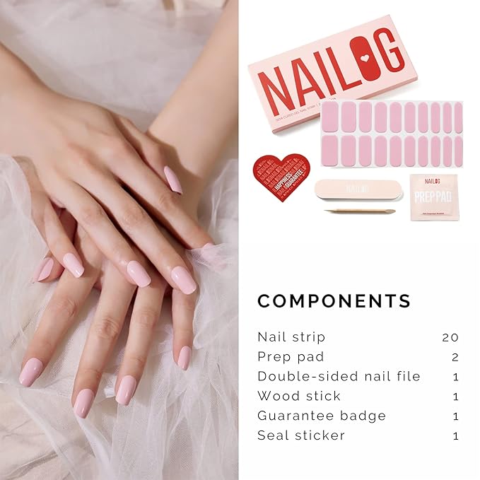 NAILOG Semi Cured Gel Nail Strips (20 Extra Long Polish Stickers/Wraps) | Glossy & Long Lasting Soft Gel Finishing Nail Strips | Camellia