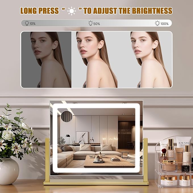 Vanity Mirror with Lights, 16"×12" LED Makeup Mirror, HD Professional Mirror, 10X Magnification, Smart Touch with 3-Color Lighting, Dimmable, 360° Rotation, Lighted Up for Makeup Desk, Bedroom (Gold)