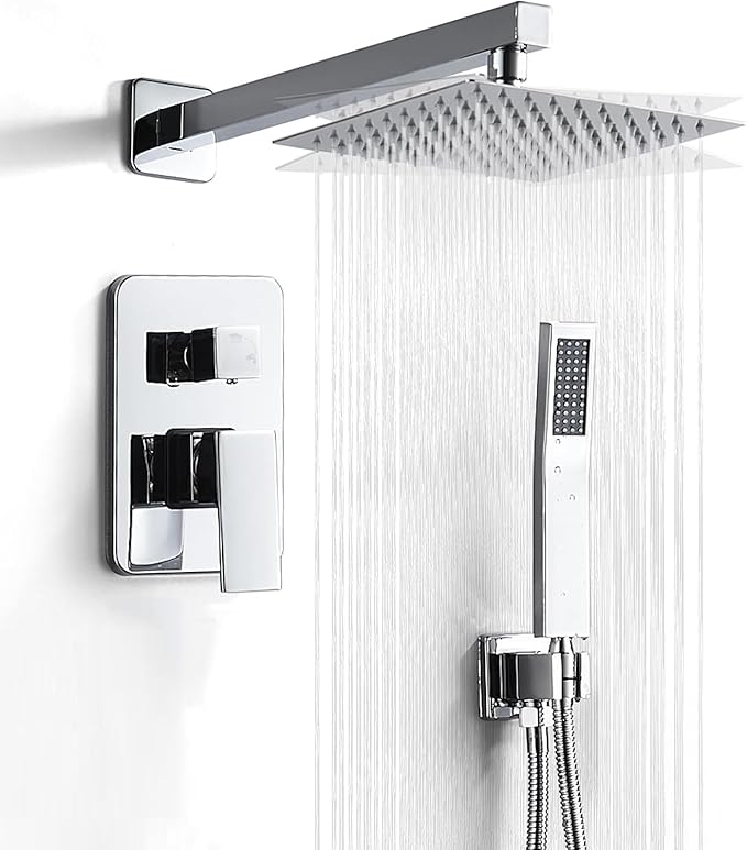 RTTWYYUU Chrome Shower System 10 Inch, Rain Shower Head with Handheld Spray, Luxury Rain Shower Set Square Wall Mount for Bathroom with Rain Shower and Handheld Shower System