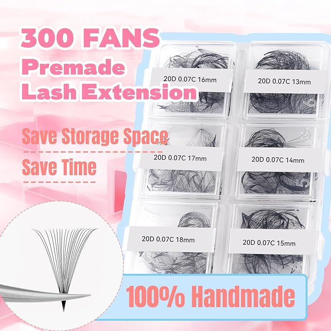 FADLASH Premade Fans Eyelash Extensions 300pcs 20D Premade Lash Fans C Curl Pre Made Fans Lash Extensions Volume Eyelash Extensions Premade Eyelash Fans Loose Fans (20D-0.07C-13-18mm)