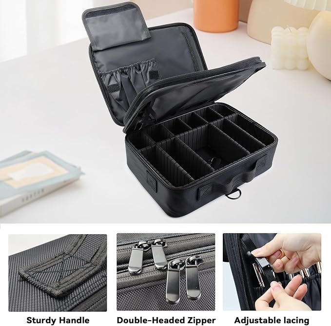 SLUMAZI Travel Makeup Bag Makeup Cosmetic Train Case Organizer Portable Storage Bag with Adjustable Dividers for Cosmetics Makeup Brushes Toiletry Jewelry Black Medium
