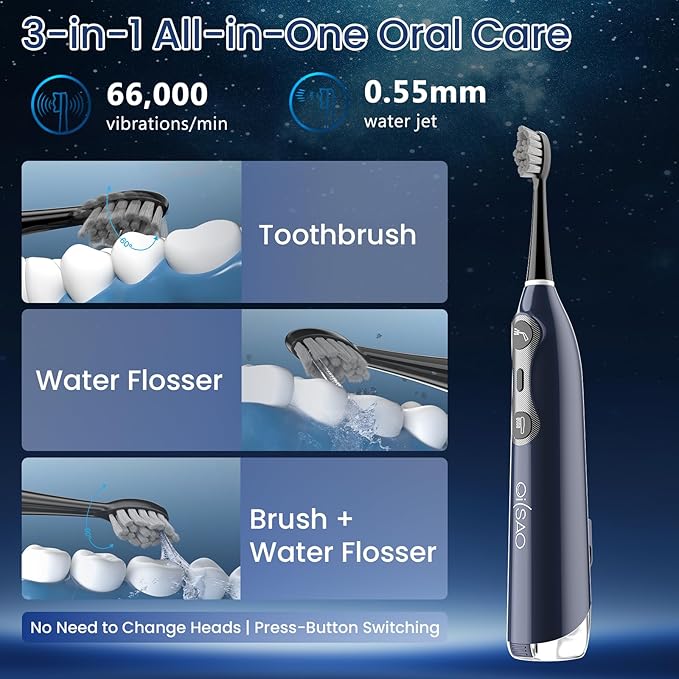 OILSAO 3-in-1 Flossing Toothbrush-Flosses, Vibrates and Oscillates, Electric Toothbrush with Water Flosser Equipe 5 Brush Heads, Plaque Removal for Sensitivity, Braces-Blue