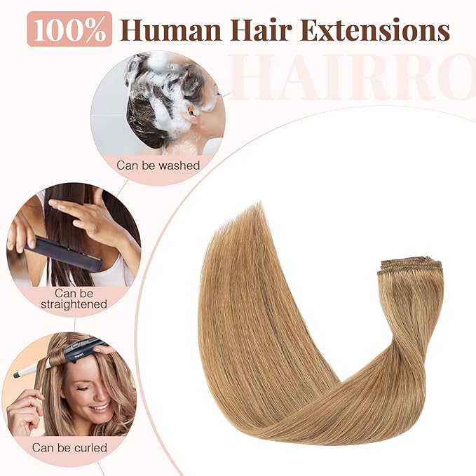 Hairro Sew in Hair Extensions Real Human Hair, 100g/bundle Weave Weft for Women Adding Volume and Length, for DIY Beauty Dating Party, 16 Inch One Bundle Straight Dark Blond