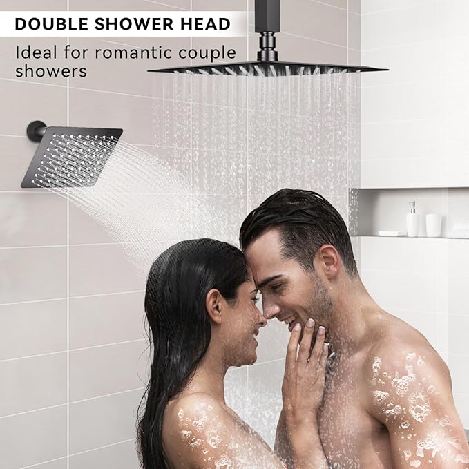 Shower Faucet Set Matte Black Shower Systems, STARBATH 3 Way Shower Faucet with 2 in 1 Handheld, Ceiling Mount 12+6" Dual Rain Shower Head for Two People, Shower Valve with 5 Diverter Complete