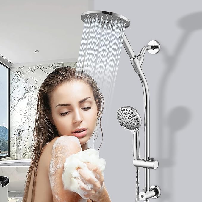 UCLIMAA High Pressure Shower Head with Handheld Shower, 26" Adjustable Height Drill-Free Slide Bar, 3-Way Diverter for Easy Reach, Dual Shower Head Combo Set with 5ft Hose - Chrome