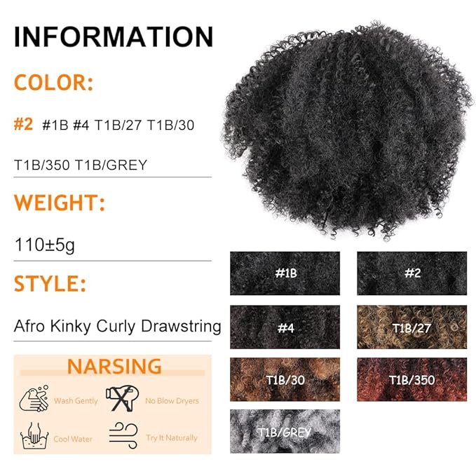 Drawstring Ponytail Afro Kinky Curly Ponytail for Black Women Short Wave Synthetic Ponytail Hair Extension (Black Brown #2)