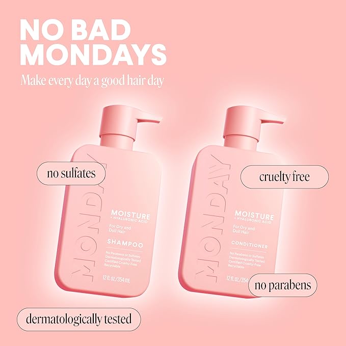 MONDAY HAIRCARE Moisture Shampoo + Conditioner Set for Dry, Coarse, Stressed, Frizzy Hair, Made with Coconut Oil, Rice Protein, Shea Butter and Vitamin E, All Natural, 12 fl oz (Pack of 2)