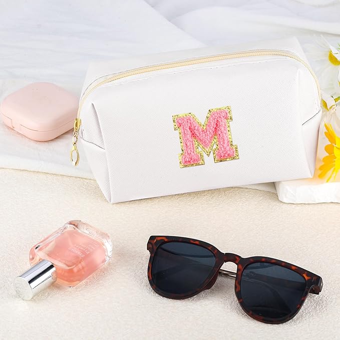 URSKYTOUS Initial Makeup Bag Personalized Preppy Travel Small Cosmetic Bag Cute PU White Chenille Letter Makeup Pouch for Purse Waterproof Zippered Toiletry Organizer for Women Girl Kid Friends (M)
