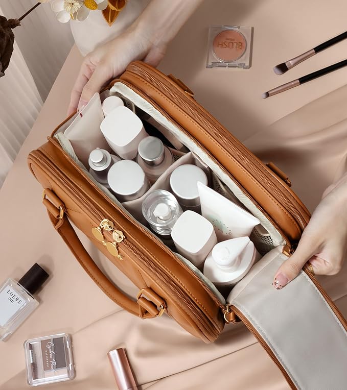 Bagstellar Travel Makeup Bag, Large Capacity Quilted Toiletry Bag for Women Wide-open Cosmetic Bag Make Up Case Organizer Portable Pouch w/Handle & Brush Holder for Traveling Accessories Beige Floral