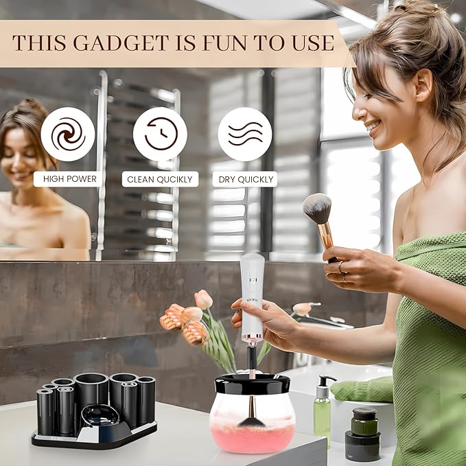 RICRIS Premium Makeup Brush Cleaner Dryer Super-Fast Electric Brush Cleaner Machine Automatic Brush Cleaner Spinner Makeup Brush Tools (White)