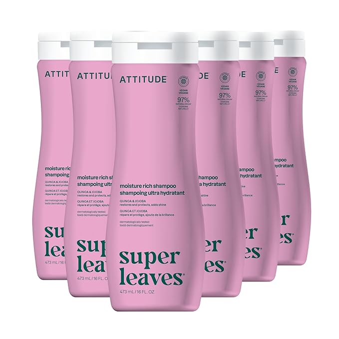 ATTITUDE Moisture Rich Hair Shampoo, EWG Verified, For Dry and Damaged Hair, Naturally Derived Ingredients, Vegan and Plant Based, Quinoa and Jojoba, 16 Fl Oz (Pack of 6)