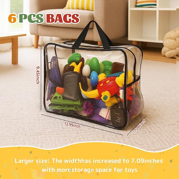 AiDwell Widened X-Large Toy Storage Bags 12.99 x 9.45 x 7.09 in 6 Packs Reusable Clear PVC Board with Zipper Travel Waterproof Organizer Bags Game Storage for Puzzles, Building Blocks, Board Game