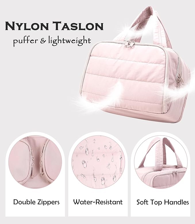 BUZFOWU Travel Toiletry Bag for Women, Large Wide-open Puffy Cosmetic Makeup Bag with Wet-Dry Separation, Multi-Pocket Organizer with Carry Handle for Toiletries, Cosmetics, Essentials, Light Pink