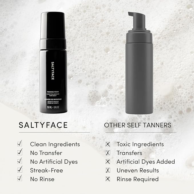 SALTYFACE - Tanning Foam (Light to Medium) - Self Tanner for Body, Legs, Arms, Back - No Color Transfer - Oil Free, Fragrance Free - Streak-Free, Non-Clogging - Vegan Skin Care - 5 FL OZ (150 ML)